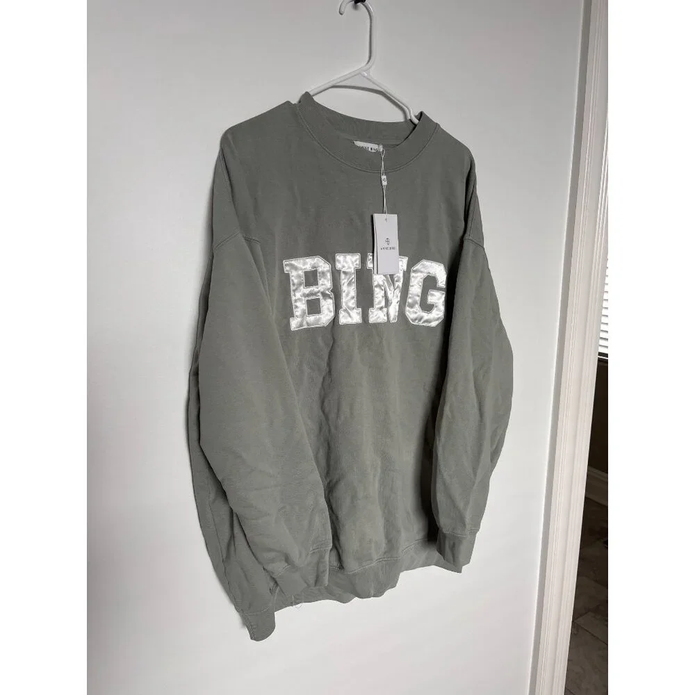 Anine Bing Womens Green Crewneck Sweatshirt With Satin "BING" Logo, new with tag - Picture 2 of 8